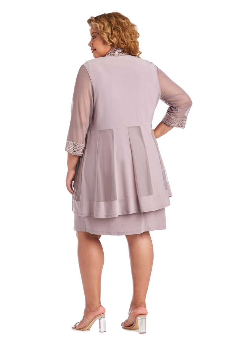 Two Piece Dress with Metallic Pattern Neckline and Jacket with Sheer Sleeves - Plus