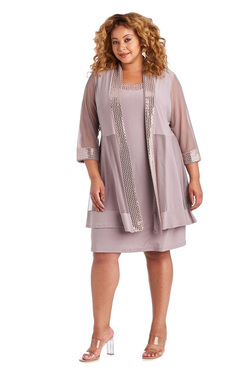 Two Piece Dress with Metallic Pattern Neckline and Jacket with Sheer Sleeves - Plus