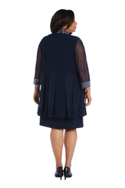 Two Piece Dress with Metallic Pattern Neckline and Jacket with Sheer Sleeves - Plus