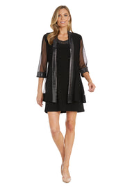 Two Piece Dress with Metallic Pattern Neckline and Jacket with Sheer Sleeves