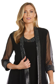 Two Piece Dress with Metallic Pattern Neckline and Jacket with Sheer Sleeves - Petite