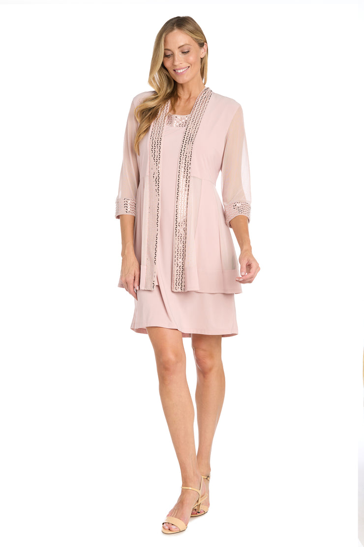 Two Piece Dress with Metallic Pattern Neckline and Jacket with Sheer Sleeves