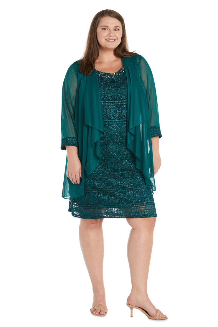 Glitter Patterned Jacket Dress with Beautiful Pearl Embellished Neckline - Plus