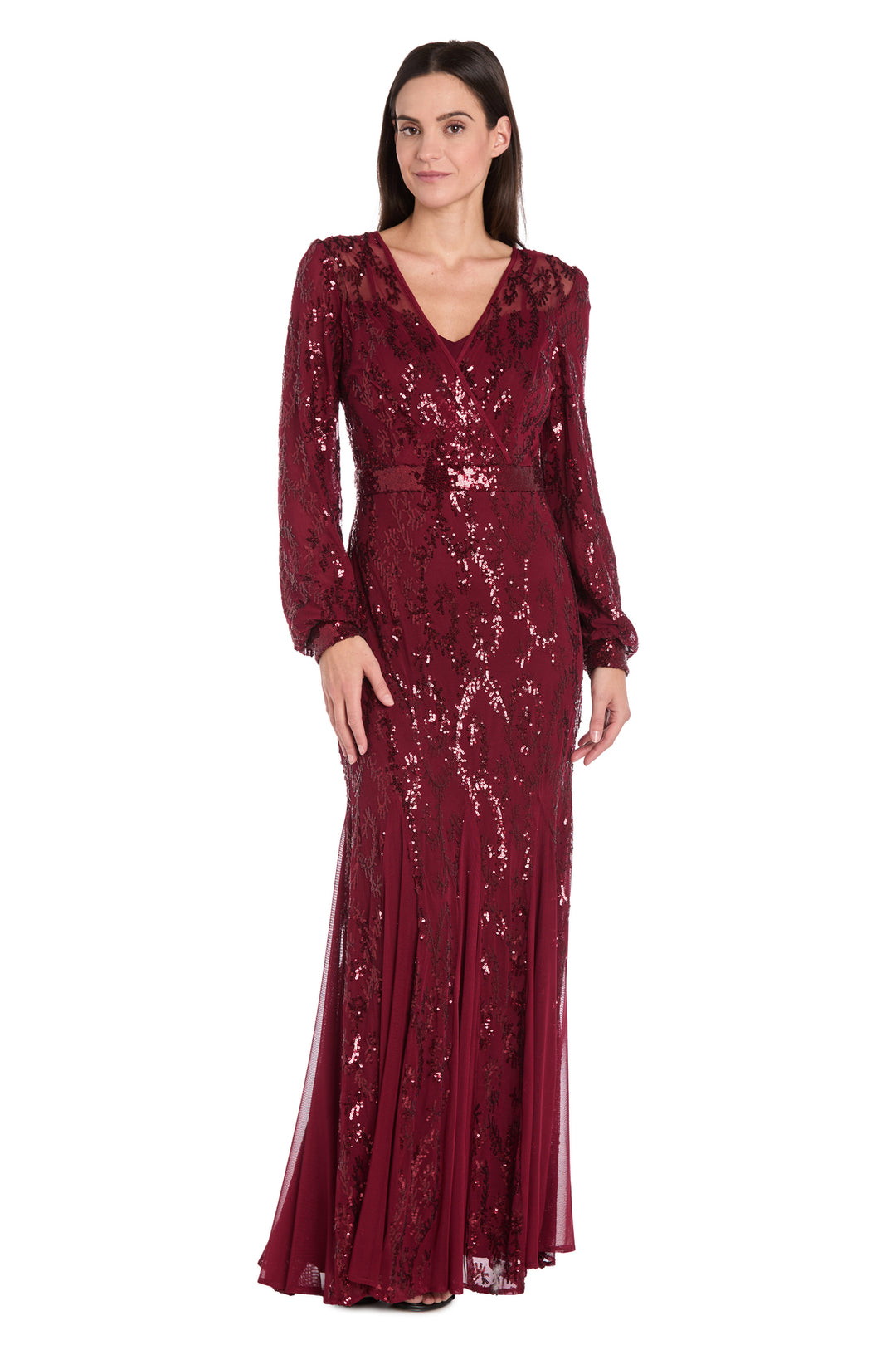 Delicately Embellished Long Sleeved Sequined Gown Merlot / 12