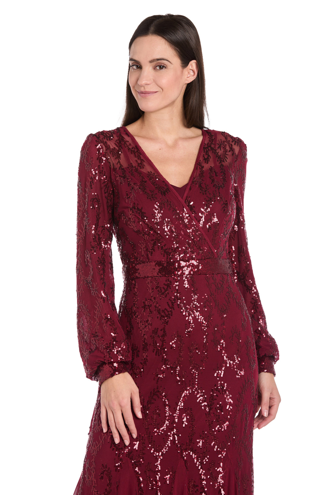 Delicately Embellished Long Sleeved Sequined Gown Merlot / 12
