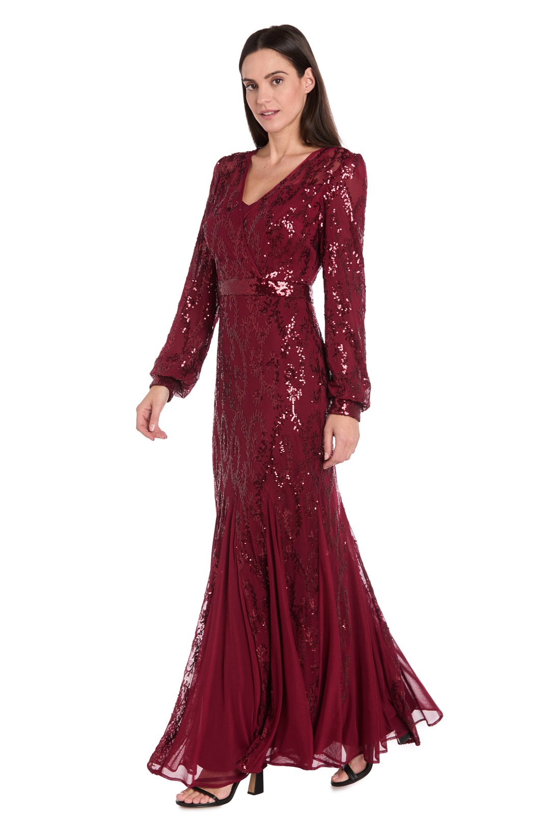 Delicately Embellished Long Sleeved Sequined Gown Merlot / 6