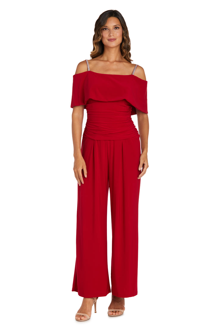 Asymmetric Jumpsuit with Overlay and Rhinestone Shoulder Strap