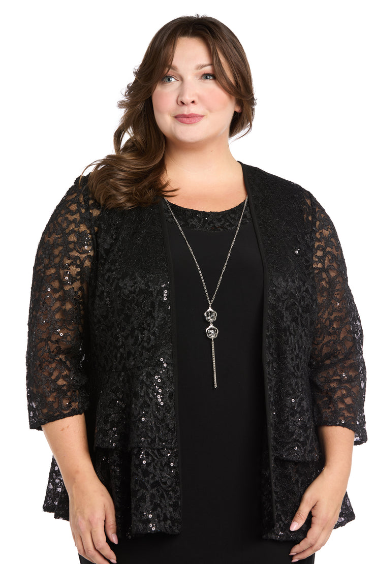 Double Tiered Sequin Lace Jacket Dress - Plus