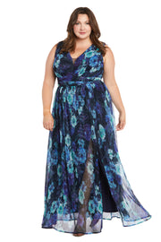 Floral Crinkle Pleated Gown with Front Slit - Plus