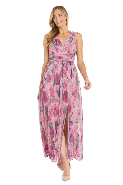 Floral Crinkle Pleated Gown with Front Slit - Petite