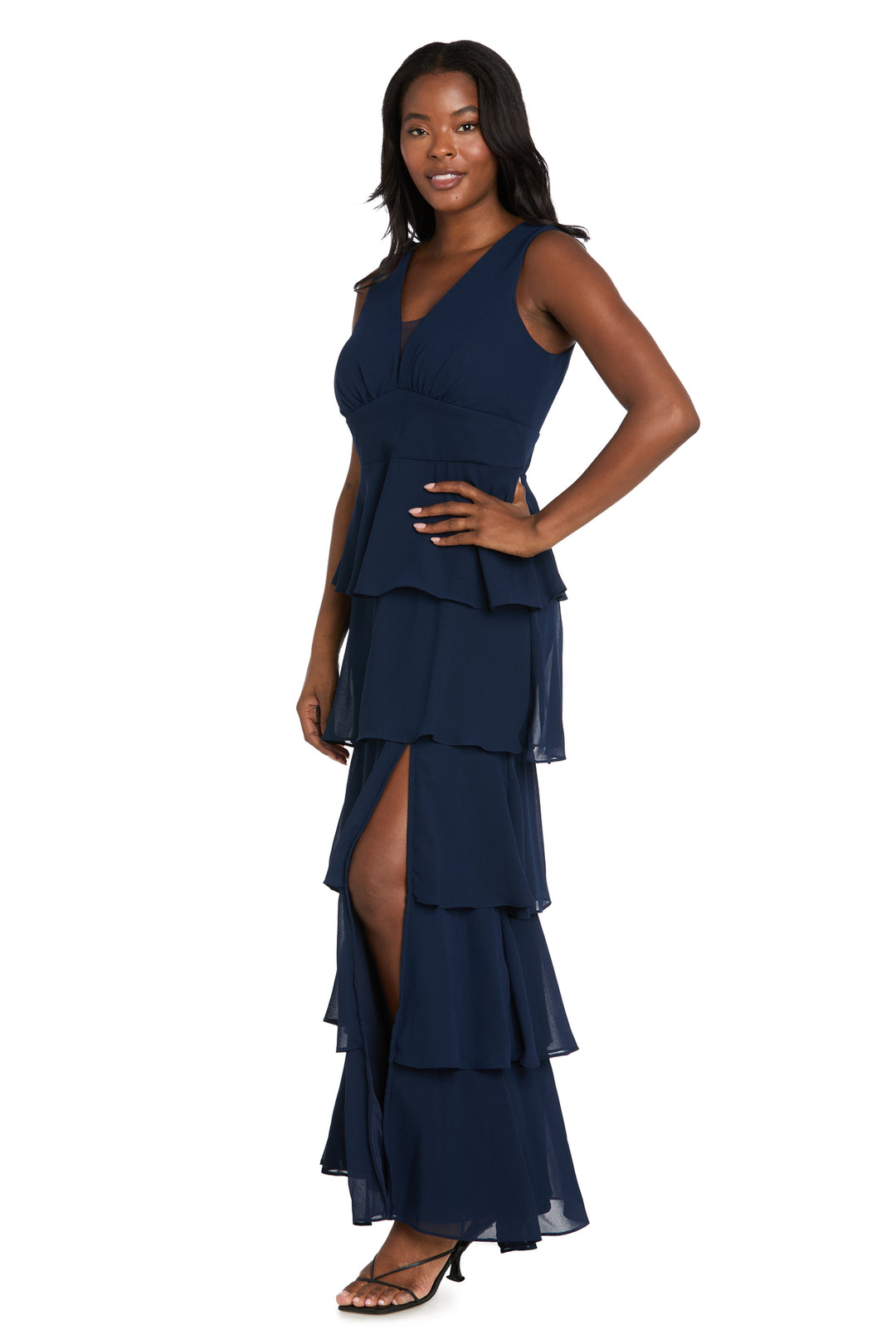 Long Chiffon Dress Featuring a Five Layered Skirt & V-Neck Insert