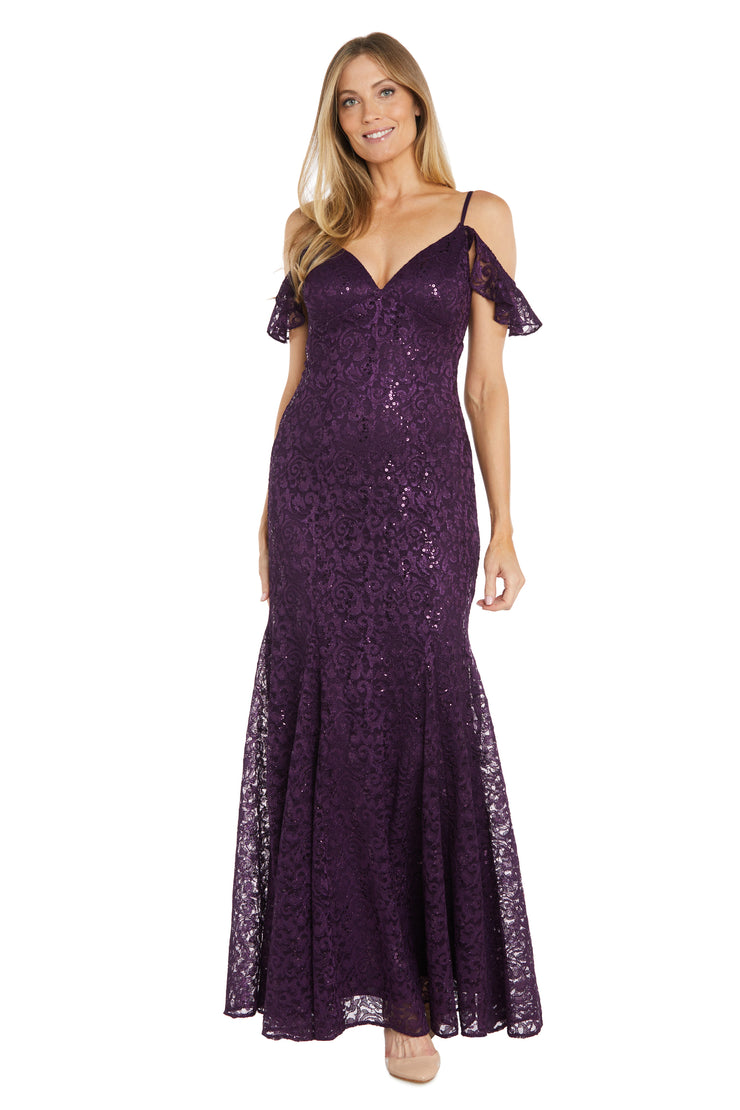 R & M Richards Women's Sequin Lace Cold Shoulder Gown - Plum - Size 12 R & M Richards Women's Sequin Lace Cold Shoulder Gown - Plum - Size 12