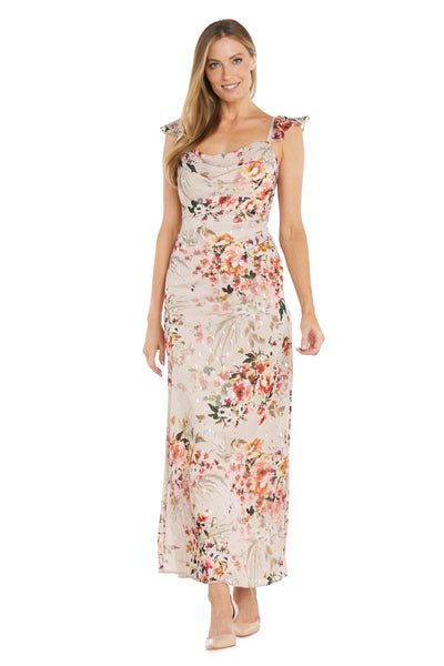 Long Floral Chiffon Maxi Dress Featuring a Cowl Neckline and Ruffle Shoulder Detailing