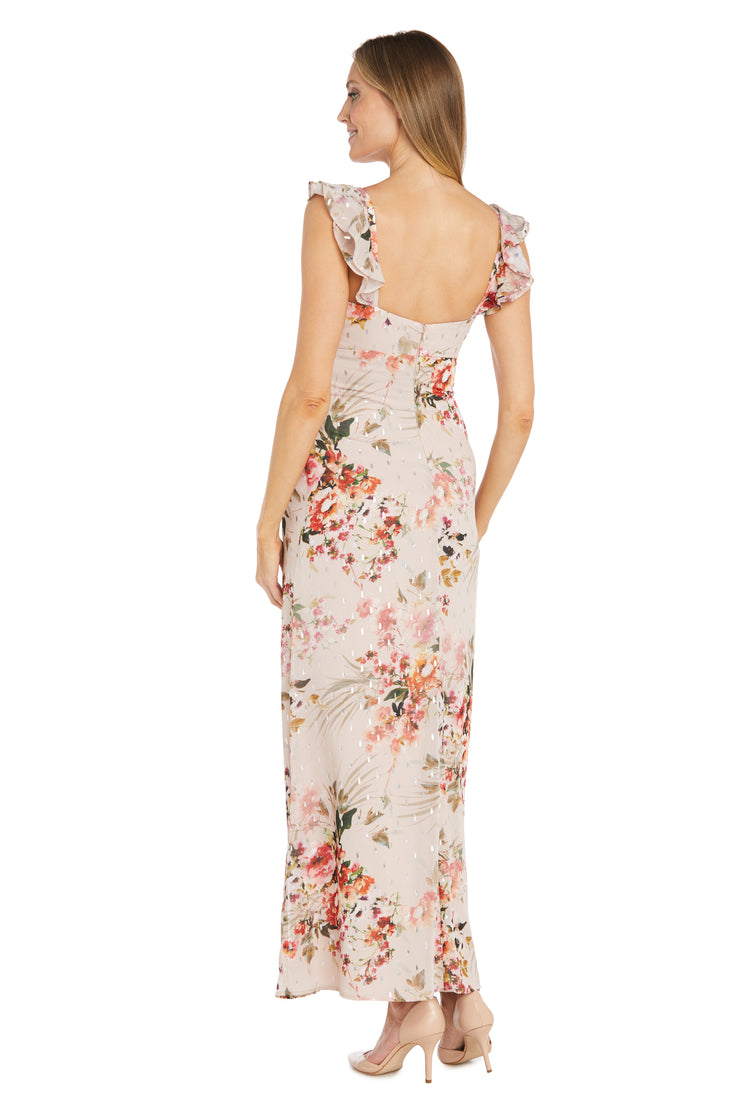 Long Floral Chiffon Maxi Dress Featuring a Cowl Neckline and Ruffle Shoulder Detailing