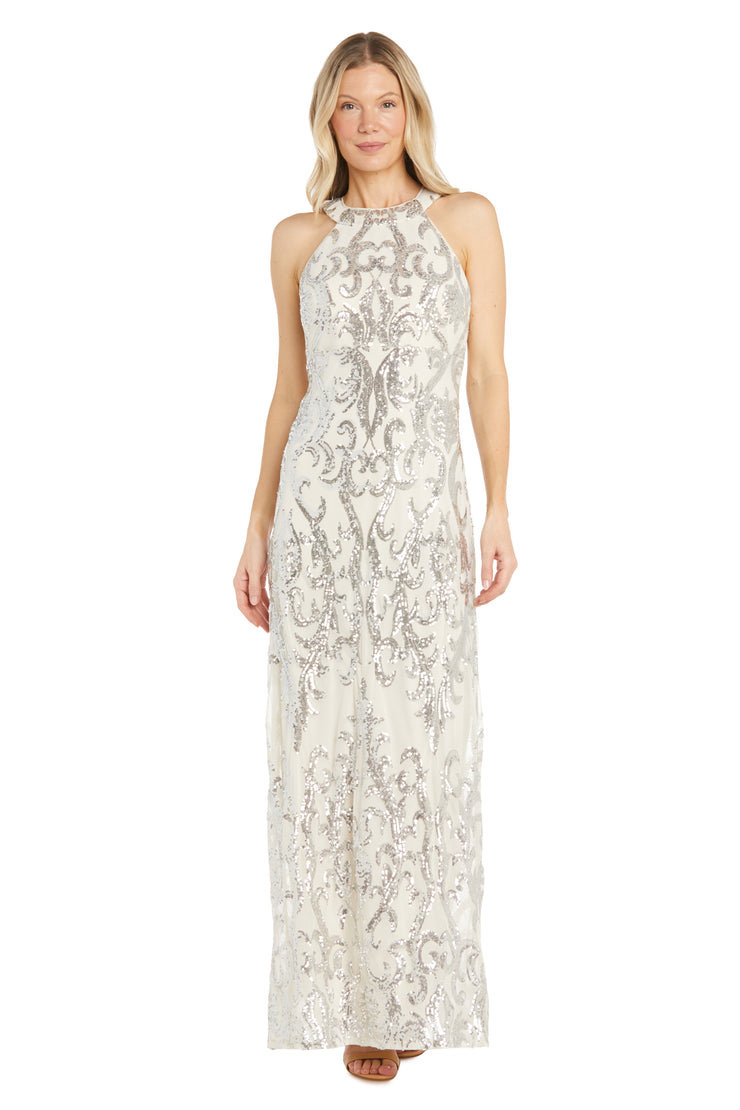 Long Dress Featuring an Ivory Base Embellished with Shimmering Silver Sequins