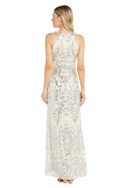 Long Dress Featuring an Ivory Base Embellished with Shimmering Silver Sequins