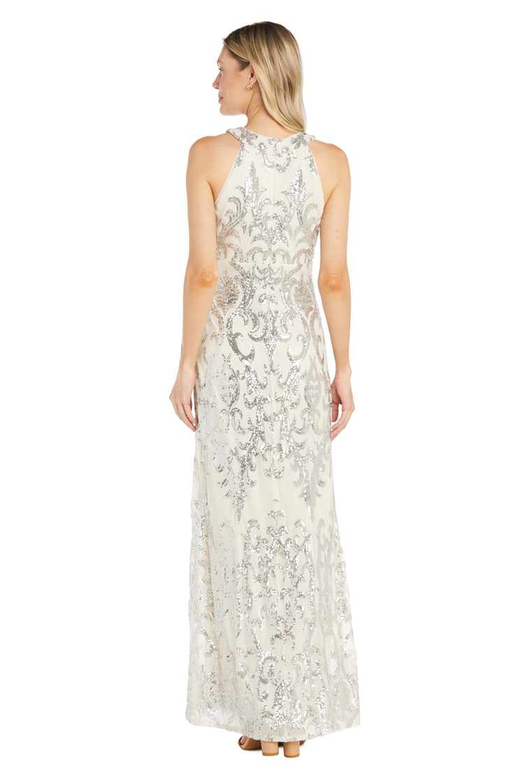 Long Dress Featuring an Ivory Base Embellished with Shimmering Silver Sequins