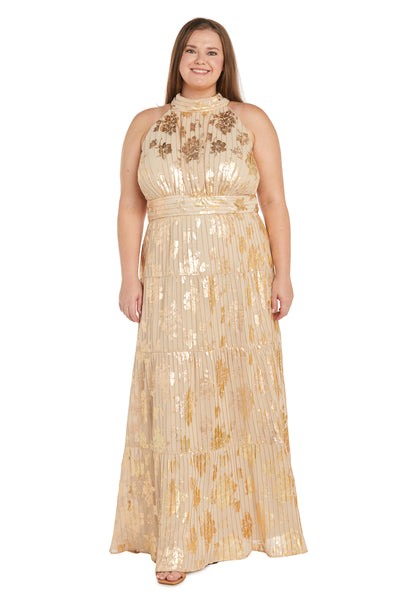 Long Pleated Metallic Jacquard Dress with a Tiered Skirt - Plus