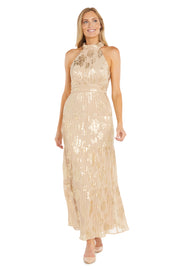 Long Pleated Metallic Jacquard Dress with a Tiered Skirt