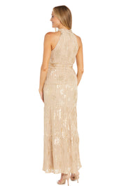Long Pleated Metallic Jacquard Dress with a Tiered Skirt