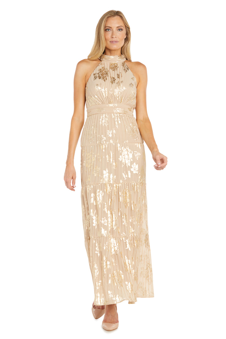 Long Pleated Metallic Jacquard Dress with a Tiered Skirt