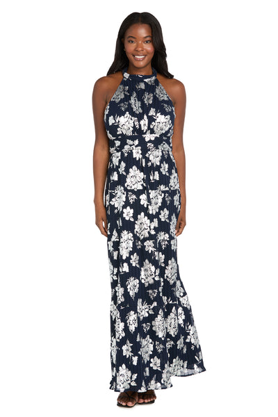 Long Pleated Metallic Jacquard Dress with a Tiered Skirt