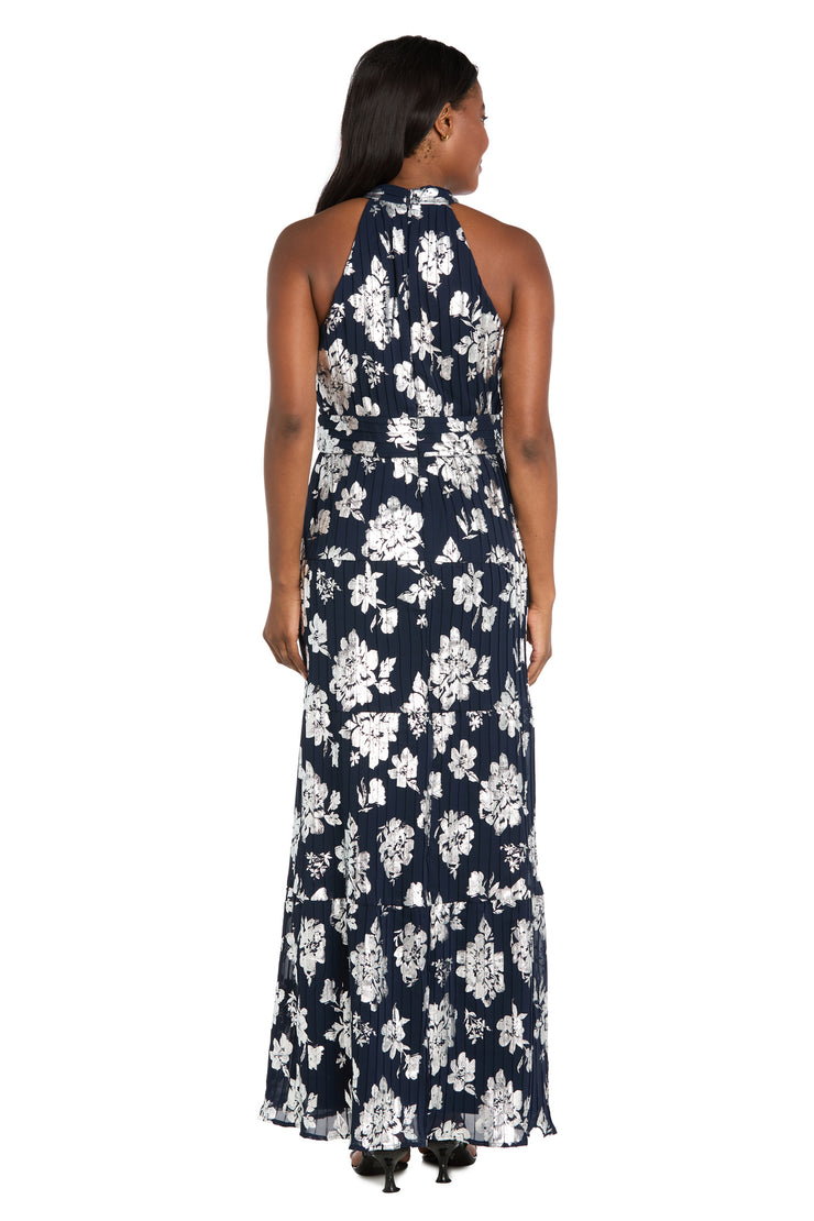 Long Pleated Metallic Jacquard Dress with a Tiered Skirt