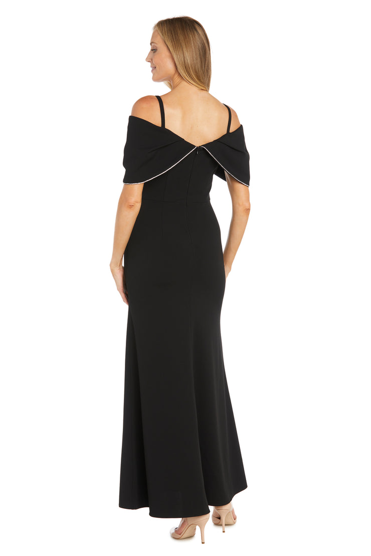 Elegant Black Long Dress with Rhinestone Trimmed Caplet