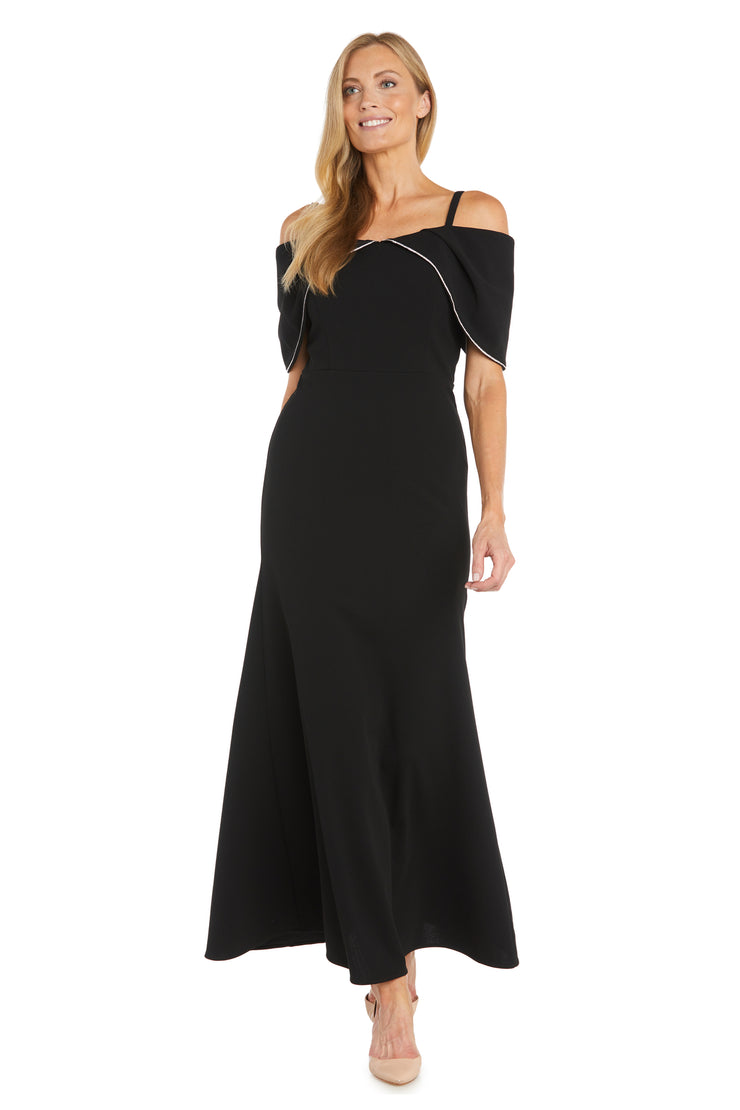 Elegant Black Long Dress with Rhinestone Trimmed Caplet