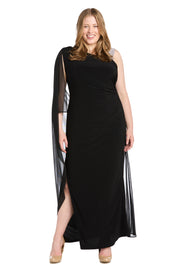 One Shoulder Ity Dress with Rhinestone Shoulder Detail, Side Cape and High Slit - Plus