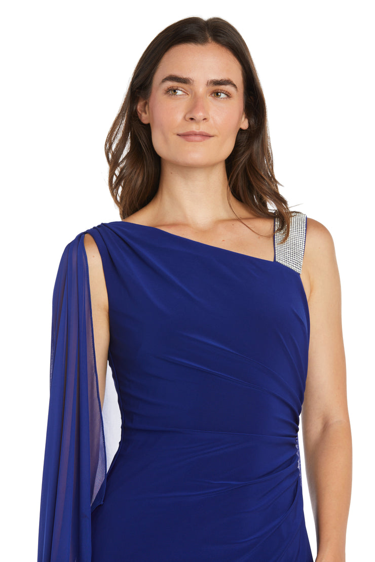 One Shoulder Ity Dress with Rhinestone Shoulder Detail, Side Cape and High Slit