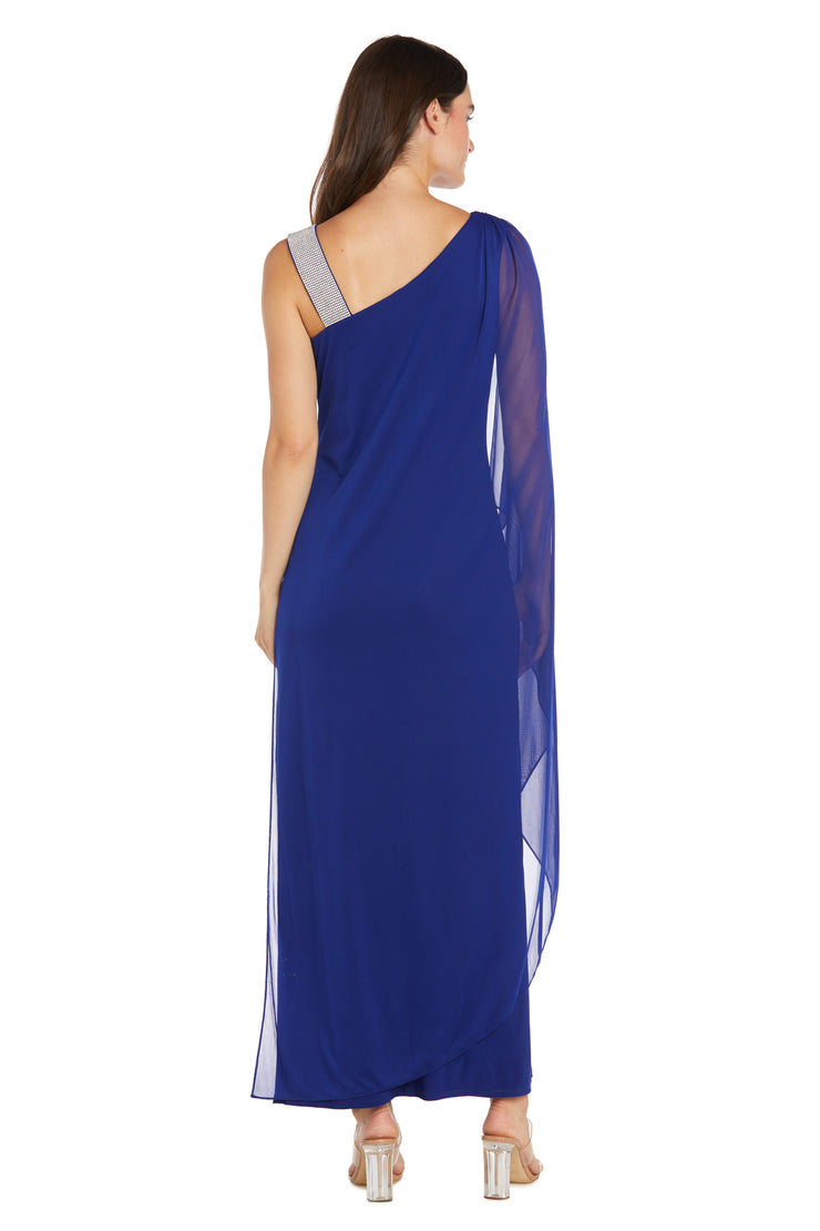 One Shoulder Ity Dress with Rhinestone Shoulder Detail, Side Cape and High Slit