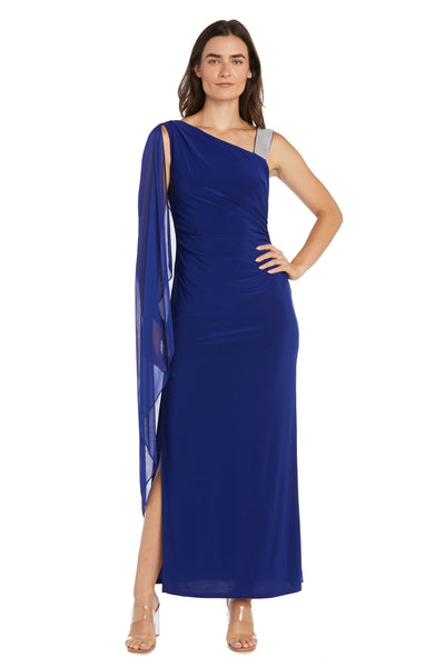 One Shoulder Ity Dress with Rhinestone Shoulder Detail, Side Cape and High Slit