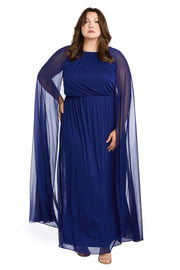 Elegant Chiffon Long Dress with Rhinestone-Trimmed Blouson Top and Dramatic Cape - Plus