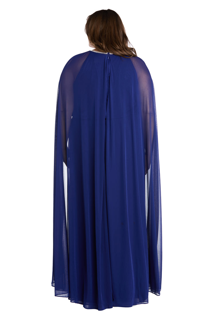 Elegant Chiffon Long Dress with Rhinestone-Trimmed Blouson Top and Dramatic Cape - Plus