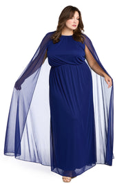 Elegant Chiffon Long Dress with Rhinestone-Trimmed Blouson Top and Dramatic Cape - Plus