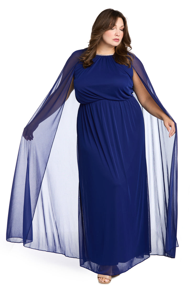 Elegant Chiffon Long Dress with Rhinestone-Trimmed Blouson Top and Dramatic Cape - Plus