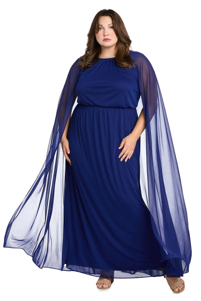 Elegant Chiffon Long Dress with Rhinestone-Trimmed Blouson Top and Dramatic Cape - Plus