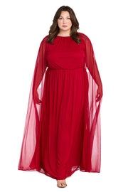 Elegant Chiffon Long Dress with Rhinestone-Trimmed Blouson Top and Dramatic Cape - Plus