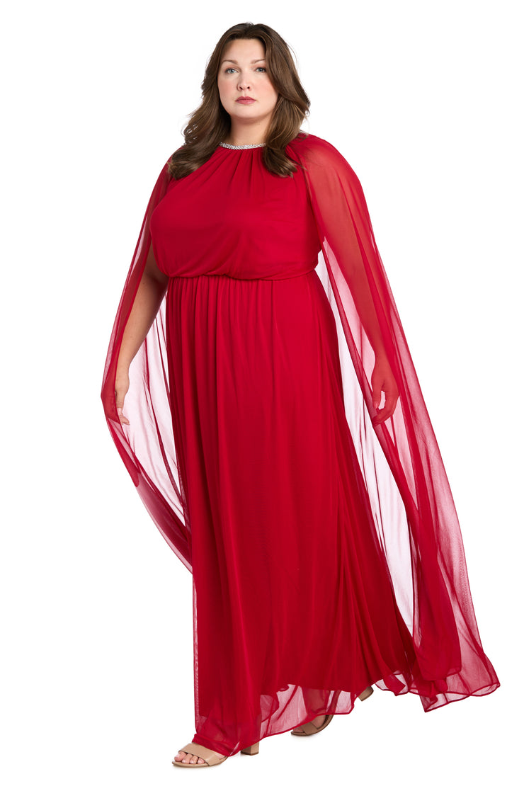 Elegant Chiffon Long Dress with Rhinestone-Trimmed Blouson Top and Dramatic Cape - Plus