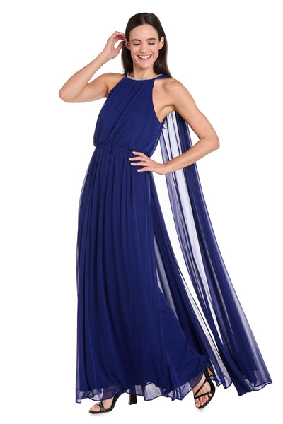 Elegant Chiffon Long Dress with Rhinestone-Trimmed Blouson Top and Dramatic Cape