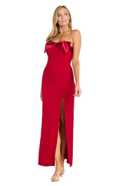 Long Fitted Dress with Satin Bow and High Slit