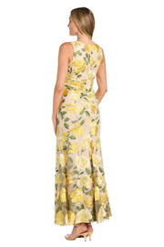 Embroidered Floral Yellow Long Dress with V-Neckline and Godet Skirt