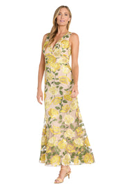 Embroidered Floral Yellow Long Dress with V-Neckline and Godet Skirt