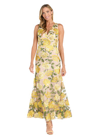 Embroidered Floral Yellow Long Dress with V-Neckline and Godet Skirt