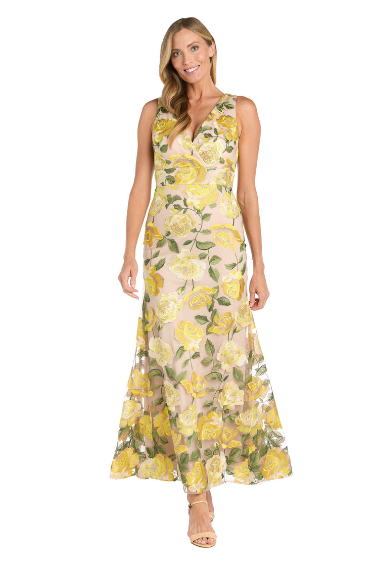 Embroidered Floral Yellow Long Dress with V-Neckline and Godet Skirt