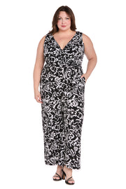 Chic Versatility: Black & White Patterned Cross-Over Jumpsuit - Plus
