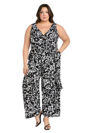 Chic Versatility: Black & White Patterned Cross-Over Jumpsuit - Plus