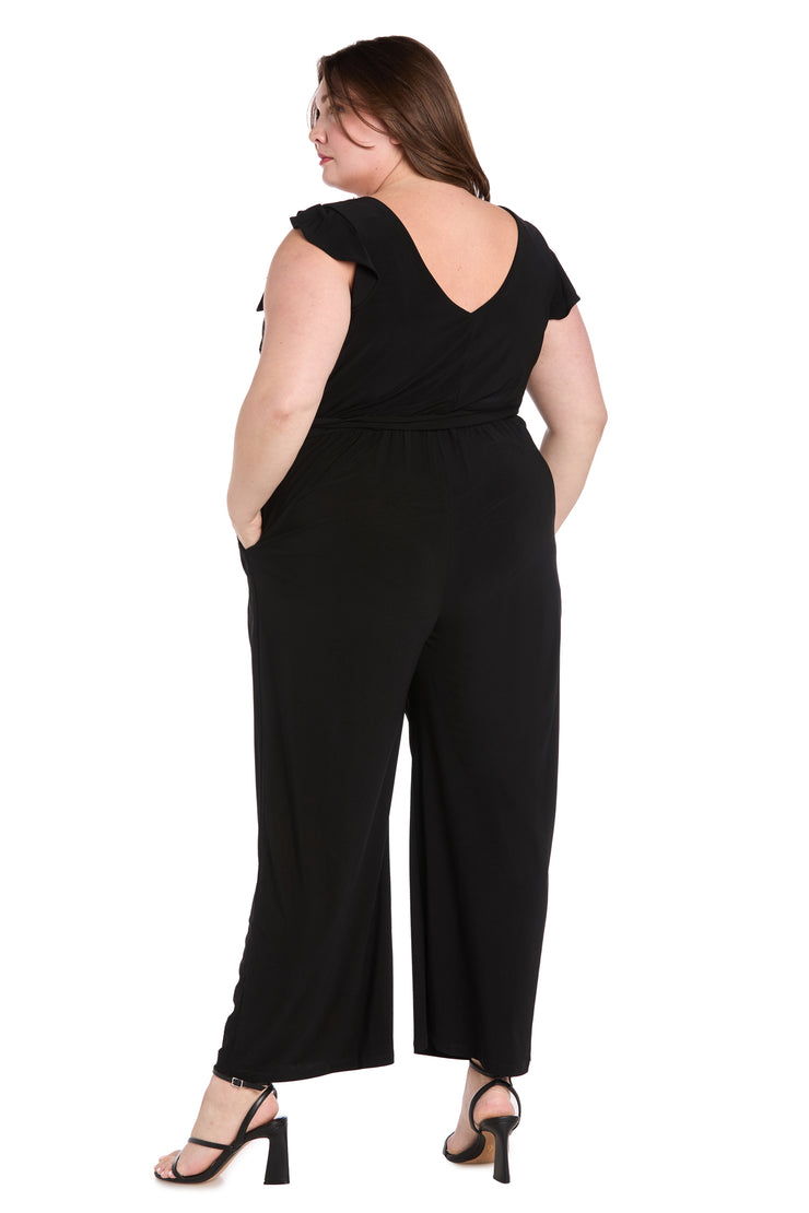 Versatile Black ITY Fabric Jumpsuit with Ruffled Shoulders and Tied Waist - Plus