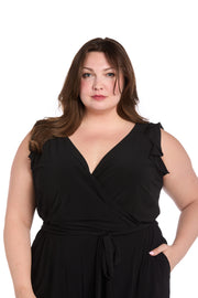 Versatile Black ITY Fabric Jumpsuit with Ruffled Shoulders and Tied Waist - Plus